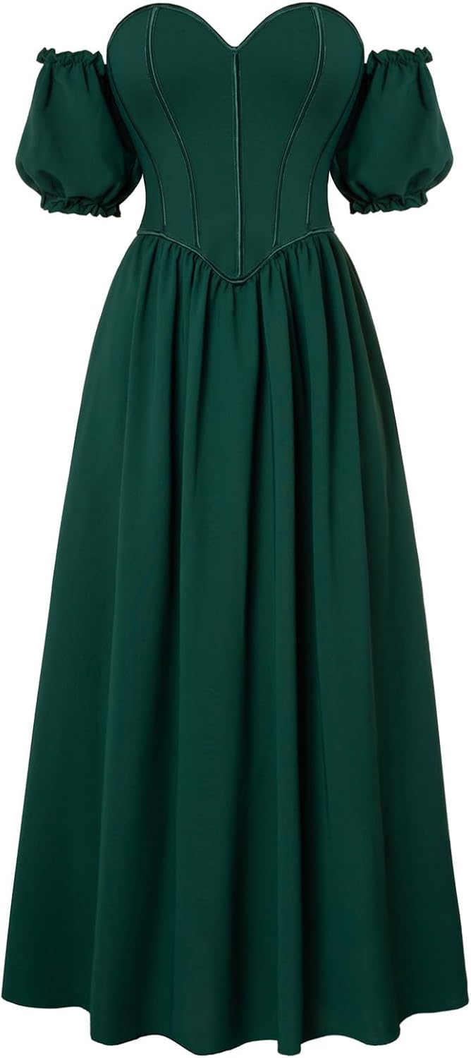 Vestido corsé de mujer Scarlet Darkness con hombros descubiertos, escote corazón, mangas abullonadas con detalle de varillas, estilo renacentista, color verde, talla 14.