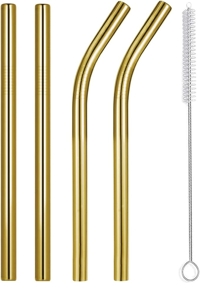 Vinaco Pajillas Grandes para Batidos Acero Inoxidable Dorado – Pack 5 Piezas (4 Pajillas + 1 Cepillo)