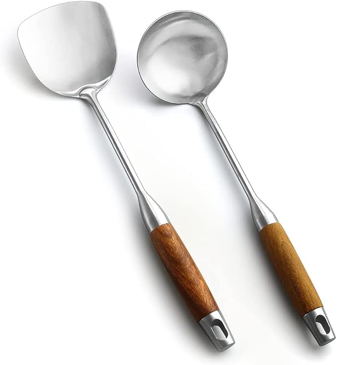 Juego de herramientas de espátula y cucharón, utensilios de cocina de acero inoxidable 304, mango de madera, cucharón de sopa, 15 pulgadas, juego de 2