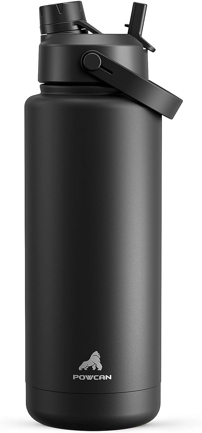 Botella de agua aislada POWCAN de 1, 2 litros con tapa con pajita y boquilla 2 en 1, mantiene las bebidas frías durante 24 horas, a prueba de fugas, libre de BPA, botella de agua de acero inoxidable de doble pared para deportes, gimnasio (Dark Knight)