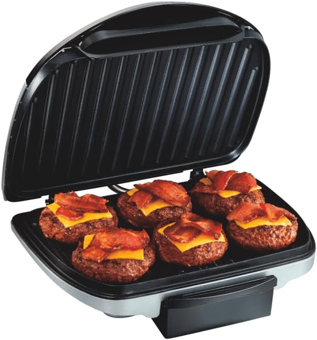 Parrilla Eléctrica de Interior Hamilton Beach | 6 Porciones | Placas Antiadherentes de 90 pulg² Fáciles de Limpiar | Bisagra Flotante para Alimentos Gruesos | 1200W