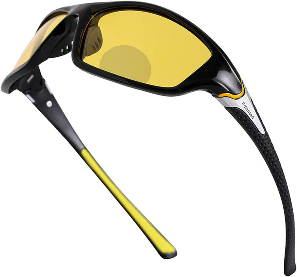 Men's Outdoor Night Driving Sports Bifocal Reading Sunglasses Retro Man Riding Reader Goggles Anti-Fatigue Sun Glasses UV Protection (black&yellow lens, 1.75x)
