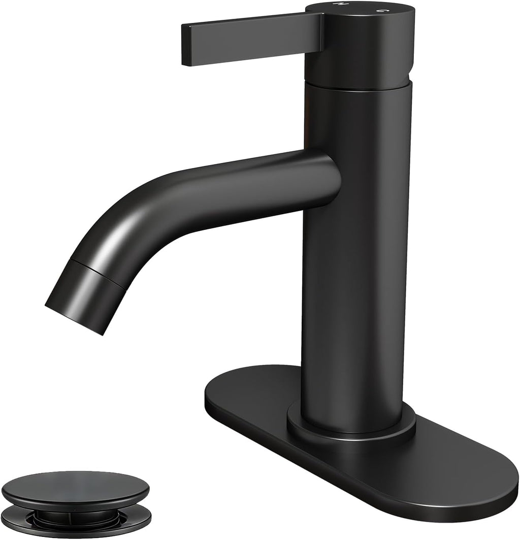 Llave de Baño Negro Mate con Desagüe y Mangueras Flexibles | 1 Orificio, Placa de Cubierta Incluida para Lavamanos, RV y Farmhouse