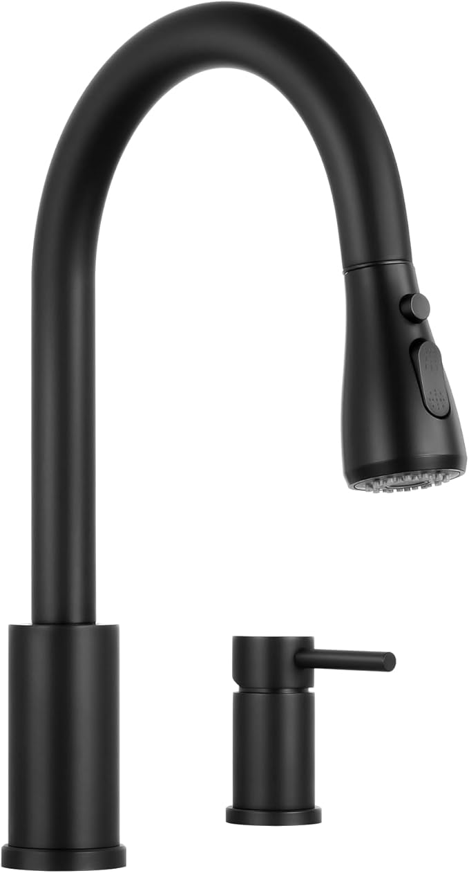 Grifo de cocina desplegable para fregadero de 2 agujeros, grifo de fregadero de una sola manija, con 3 modos de pulverización y mango separado, negro mate