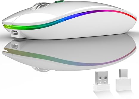 Uiosmuph Ratón inalámbrico LED, G12 Slim recargable silencioso ratón, 2.4G portátil USB óptico inalámbrico ratón de computadora con receptor USB y adaptador tipo C (blanco)