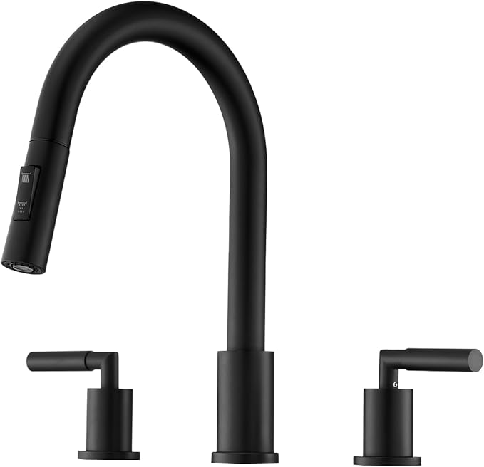 Tohlar Grifo de cocina de 3 agujeros negro, 2 manijas para fregadero de cocina, grifo de cocina negro con rociador extraíble, grifos de fregadero de cocina, grifo de acero inoxidable negro mate para fregadero de cocina