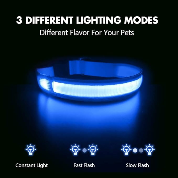 Collar luminoso para perros MASBRILL, luces LED para la oscuridad, recargable e impermeable, con 3 modos de iluminación, ajustable para perros pequeños, medianos y grandes (azul M).