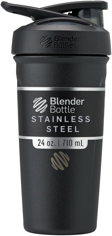 BlenderBottle Strada Shaker Cup - Botella de agua aislada de acero inoxidable con batidor de alambre, 24 onzas, color negro