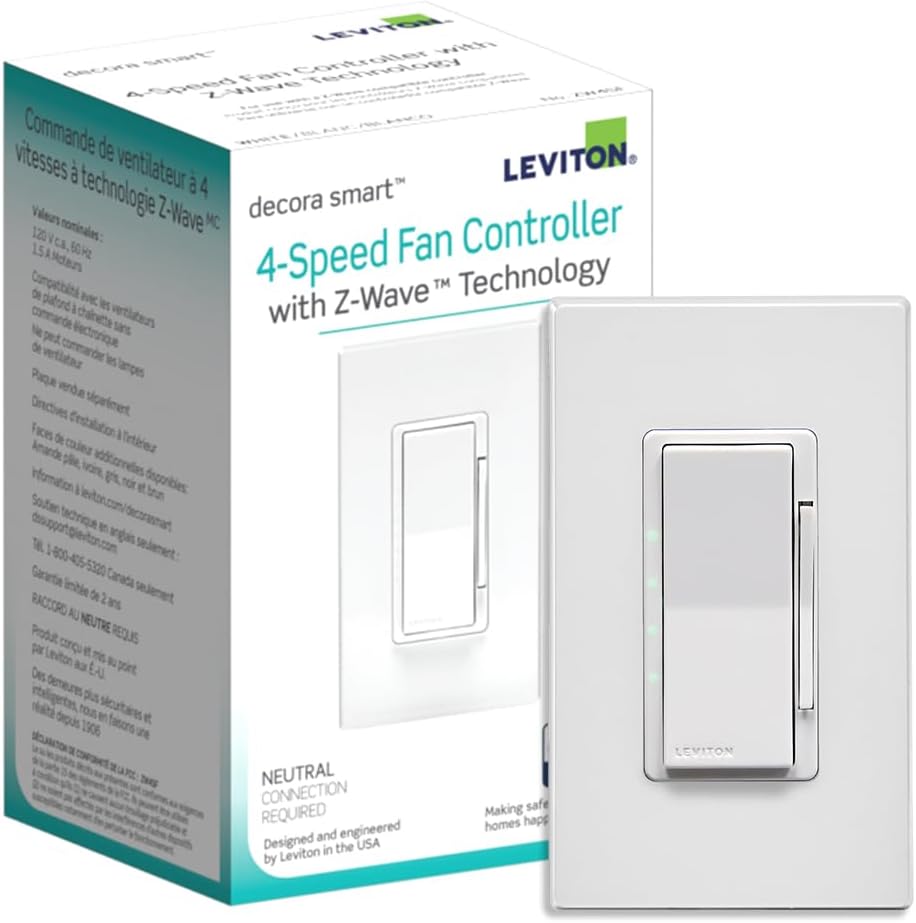 Controlador de velocidad de ventilador inteligente Leviton Decora, Z-Wave Plus, ZW4SF 