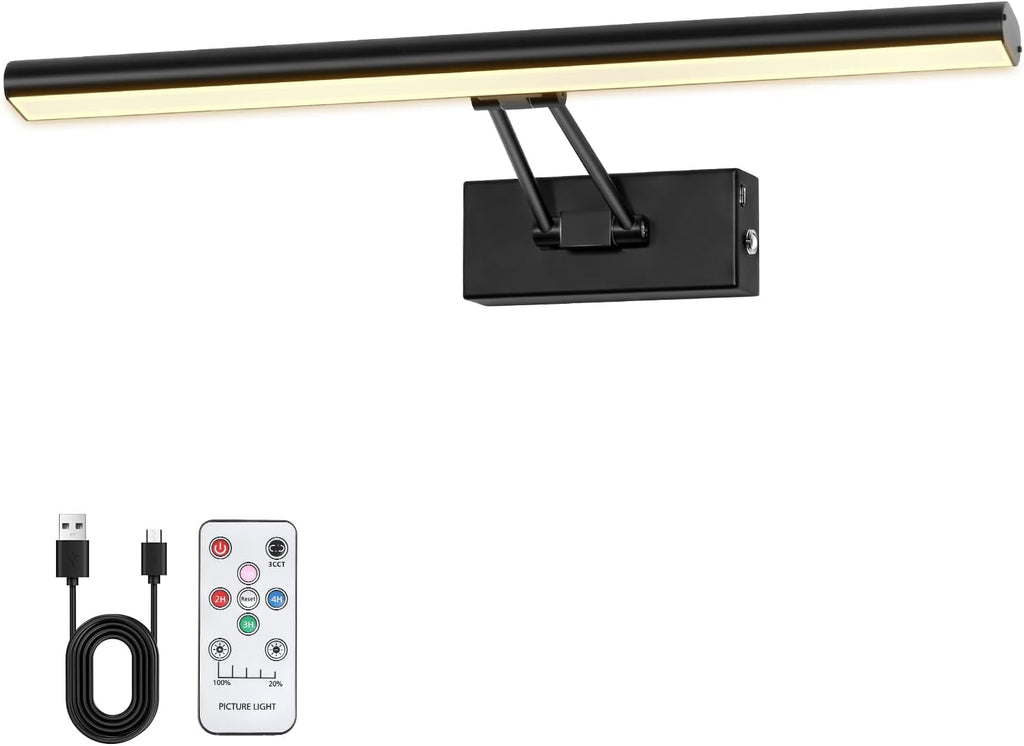 Lámpara de pared para cuadros, 16 pulgadas, funciona con pilas, 3 CCT, para galería, fotos y biblioteca (negro mate) 