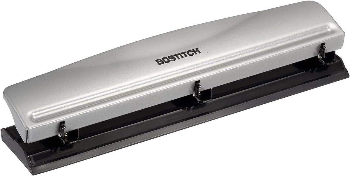 Perforadora de 3 Hoyos Bostitch Office Premium — 12 Hojas, Metal, Base de Goma, Bandeja Fácil Limpieza, Plateada
