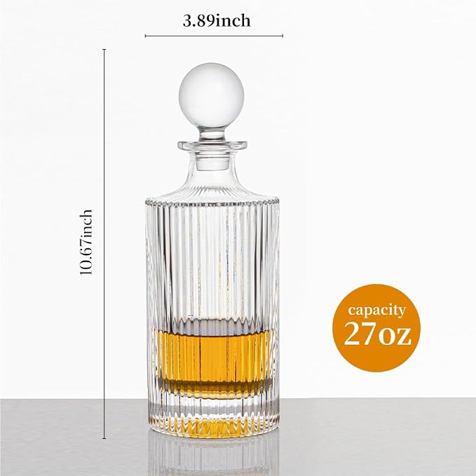 Decantador de Whiskey 27oz con Tapón de Vidrio | Diseño Redondo Acanalado | Para Whiskey, Bourbon, Brandy y Ron