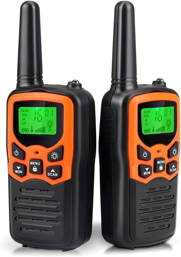 Radios Walkie Talkie MOICO Largo Alcance Pack de 2 | 22 Canales FRS, Linterna LED, VOX y Pantalla LCD, Naranja