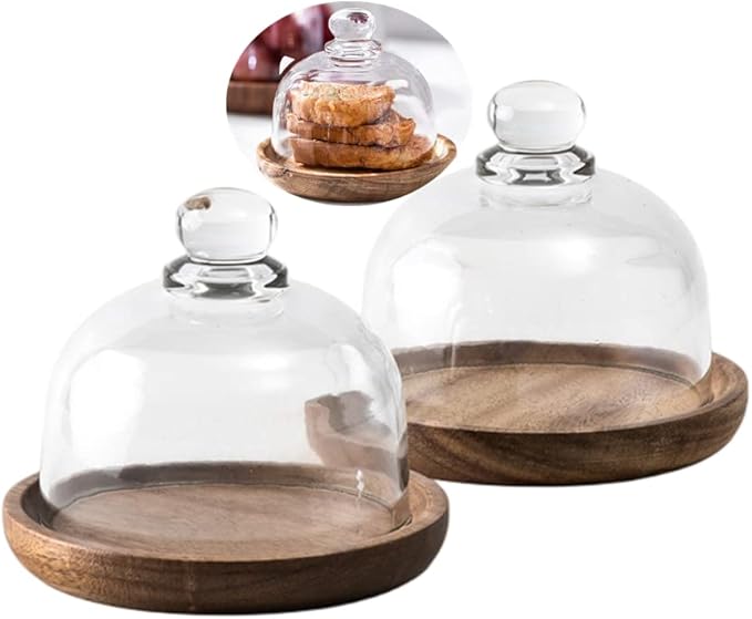 2 juegos de soporte para mini tartas, plato para servir con cúpula, soporte de madera de 10 cm para tartas con cúpula de cristal de 8,25 cm de diámetro, plato para magdalenas con tapa