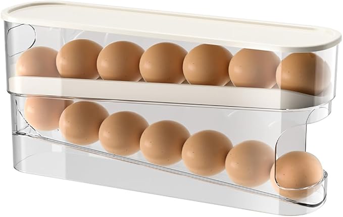 Soporte para huevos rodante automático para refrigerador, dispensador de huevos, organizador, almacenamiento y recipiente con tapa para refrigerador, bandeja de huevos resistente y duradera que ahorra