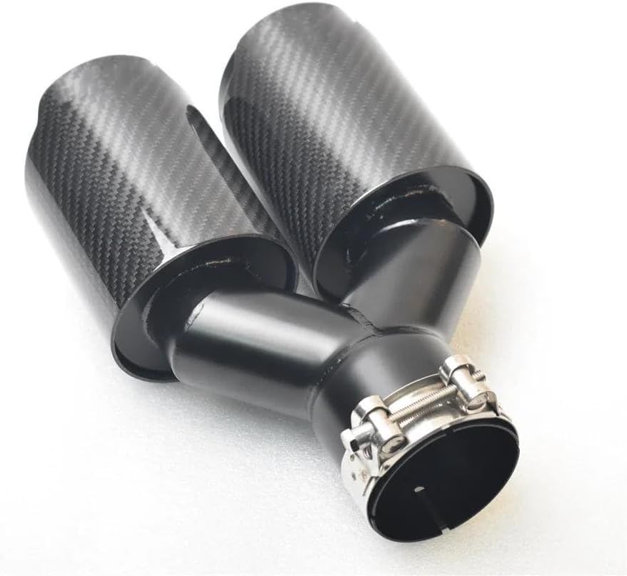 USADO-PAQUETE DE 2 PIEZAS-Tubo de Escape Punta Silenciador Fibra Carbono Negra Brillante para Coche Tubo Escape Doble Salida En Forma Y Universal Acero Inoxidable Puntas de Escape