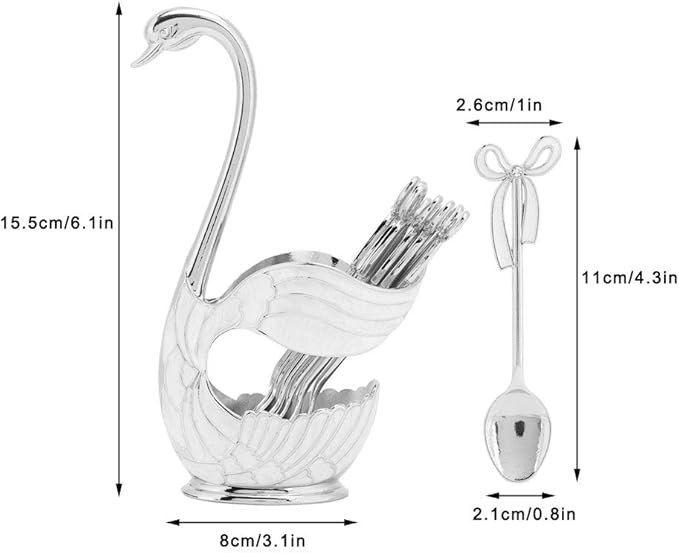 Watris Veiyi Juego de 6 cucharas pequeñas de acero inoxidable con base de cisne para café, pastel, postre, helado, té (plateado)