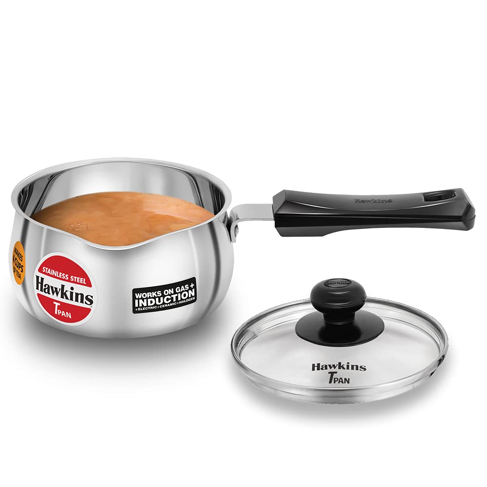 Hawkins Tpan, Tetera de acero inoxidable con tapa de vidrio, Cacerola de inducción, Chai Pan, Cacerola pequeña, Plateada SST10G 1 Litro