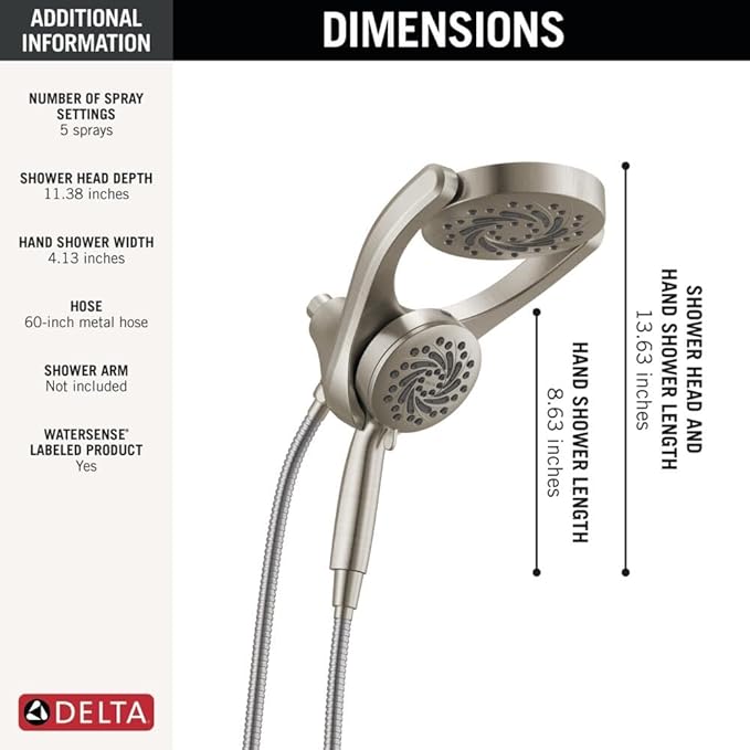 Delta HydroRain 2-in-1 Dual Shower Head con ProClean | 5 Ajustes | 1.75 GPM | Níquel Satinado 75419SN