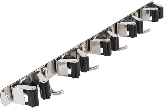 Soporte de metal resistente para escobas y fregonas, a prueba de óxido, 5 estantes, 4 ganchos, acero inoxidable 304 resistente, colgador de escobas que ahorra espacio, montaje en pared, estantes utilitarios de fácil instalación.