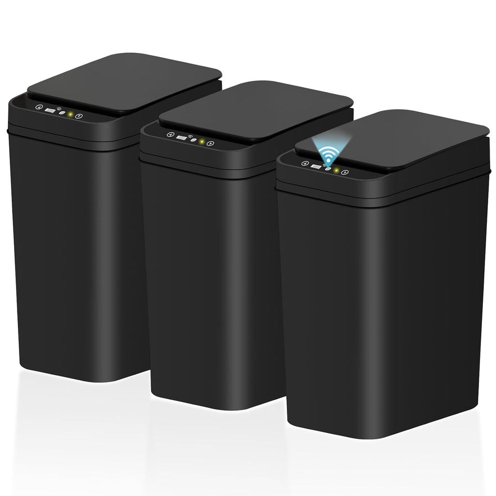 jinligogo Paquete de 3 papeleras pequeñas para baño con tapa, 2.6 galones, papelera automática sin contacto, delgada, impermeable, con sensor de movimiento, papelera inteligente para dormitorio, oficina, sala de estar - Negro