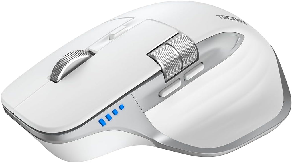 Ratón inalámbrico TECKNET, ratón Bluetooth (BT5.3/5.0 y 2.4G), ratón óptico ergonómico recargable con 6 DPI ajustables, desplazamiento lateral, clics silenciosos, receptor USB A, 7 botones, amplia compatibilidad - Blanco 