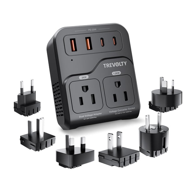 Convertidor de Voltaje TREVOLTY 2000W de EE.UU. a Europa | 220V a 110V para Secadora | Adaptador de Viaje 7 en 1 con 3AC, 2 USB-A y 2 USB-C | Negro
