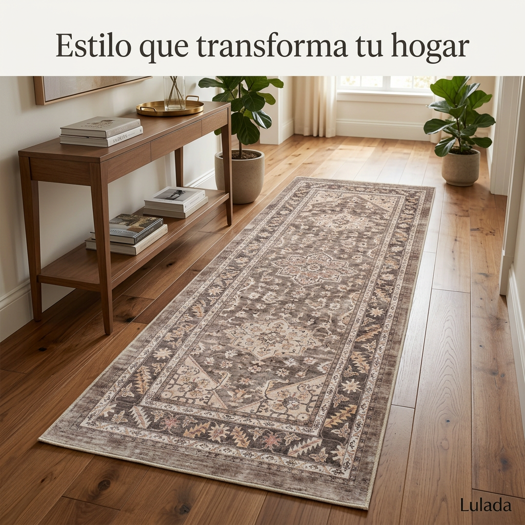 Alfombra decorativa con diseño floral y geométrico en tonos tierra para un hogar acogedor