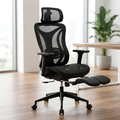Silla de oficina ergonómica negra con reposapiés, cabecero y respaldo de malla