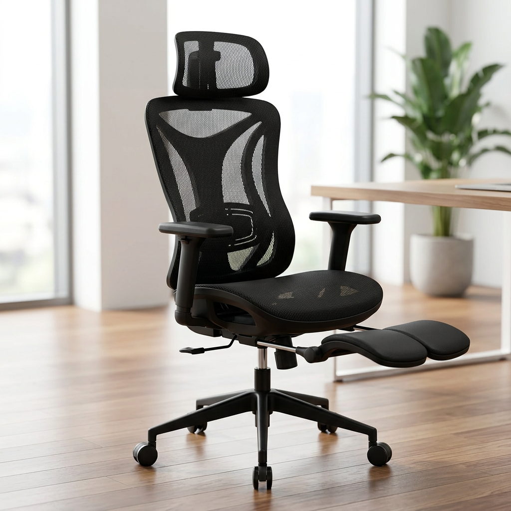 Silla de oficina ergonómica negra con reposapiés, cabecero y respaldo de malla