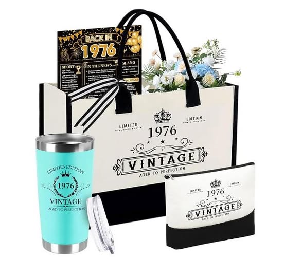 Set Regalo Cumpleaños 50 TrophyToast – 4 Piezas, Bolsa Tote Canvas, Bolsa Maquillaje, Para Ella