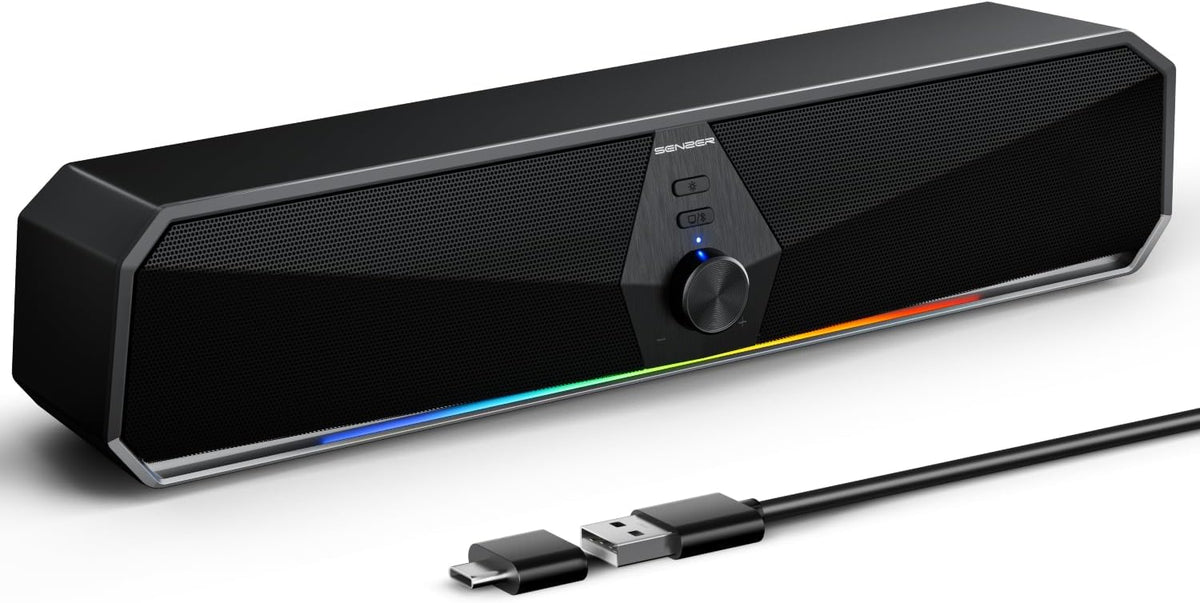 SENZER CS30 Parlantes Bluetooth para Computadora | USB Plug and Play | Barra de Sonido Estereo con Luz LED Dinamica (Adaptador USB-C Incluido)