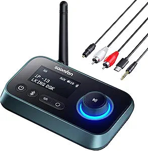 Transmisor y Receptor Bluetooth 5.0 SOOMFON 3 en 1 para TV — 2 Audífonos Simultáneos, Pantalla LCD, Óptica AUX RCA