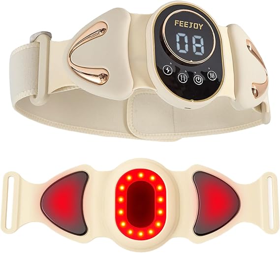 Masajeador inteligente 4 en 1 de espalda baja con calor, pulso, vibración y luz – Dispositivos de alivio del dolor de cintura, lumbar y ciática para estar sentado durante mucho tiempo, alivio muscular y soporte posparto, beige