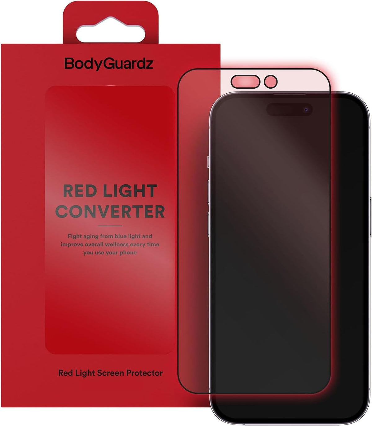 Protector de pantalla BodyGuardz con convertidor de luz roja: terapia de luz roja pasiva para el rostro, promueve un mejor sueño, una piel más sana y reduce la fatiga visual. Cristal templado 9H, fácil instalación (iPhone 17 Pro Max / 16 Pro Max).