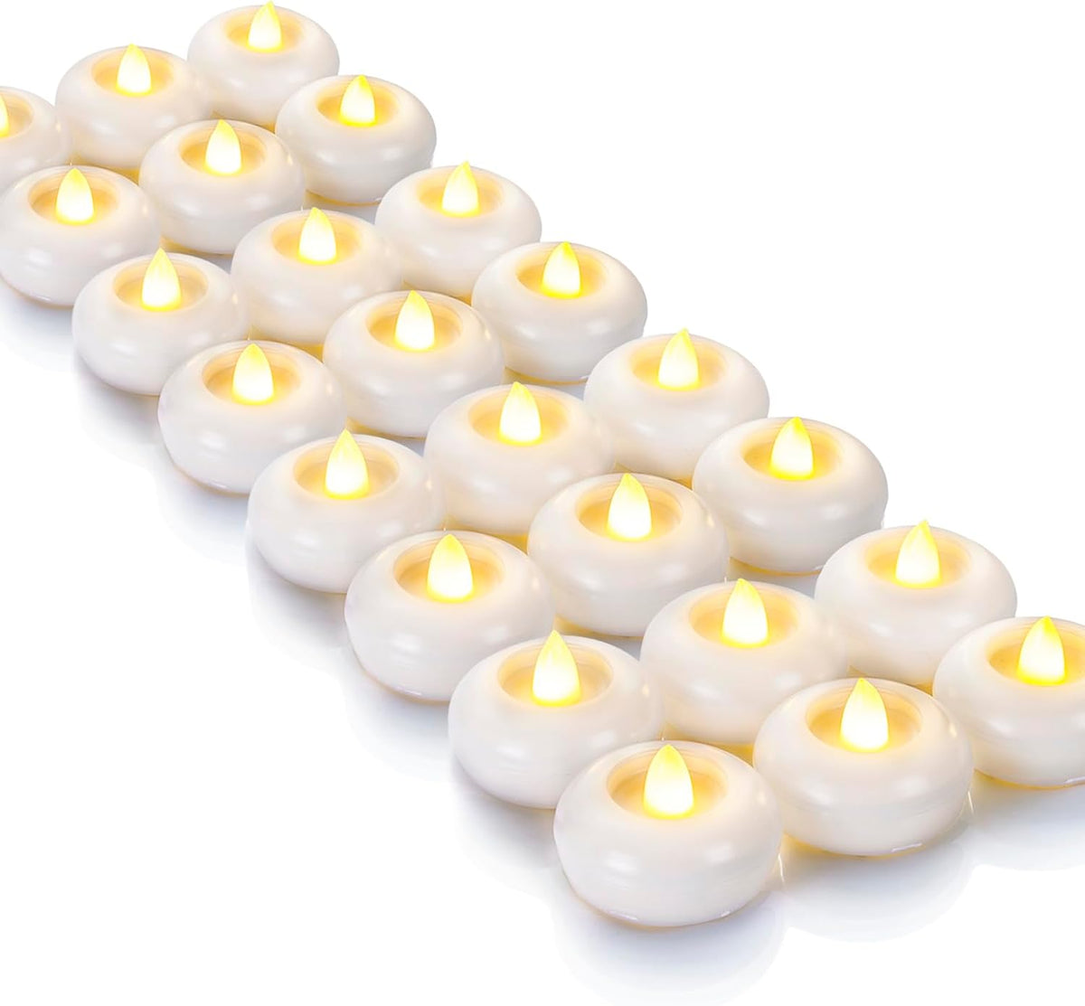 Homemory Set de 24 Velas Flotantes LED sin Llama de 2 Pulgadas, 200 Horas, a Bateria, Parpadeantes e Impermeables, para Floreros y Centros de Mesa, Base Blanca