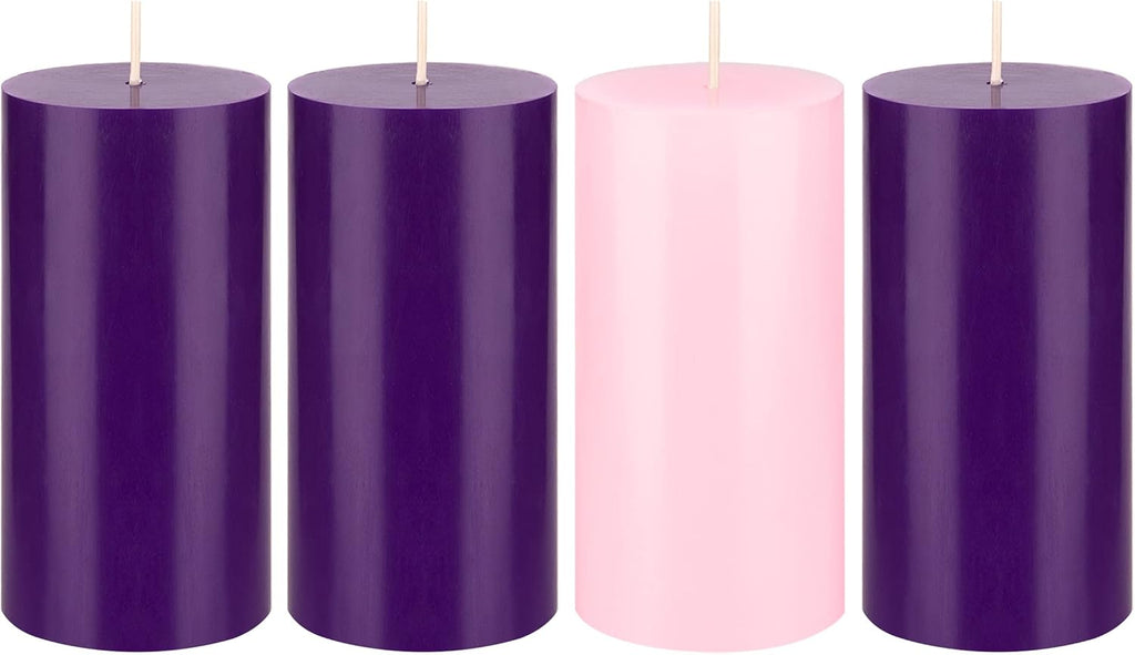 Mega Candles - Juego de 4 velas de Adviento navideñas sin aroma, cera premium vertida a mano, redonda, de 7,6 x 15,2 cm, para festividades, ocasiones especiales, eventos, festividades, devocionales, iglesias, coronas y regalos. 