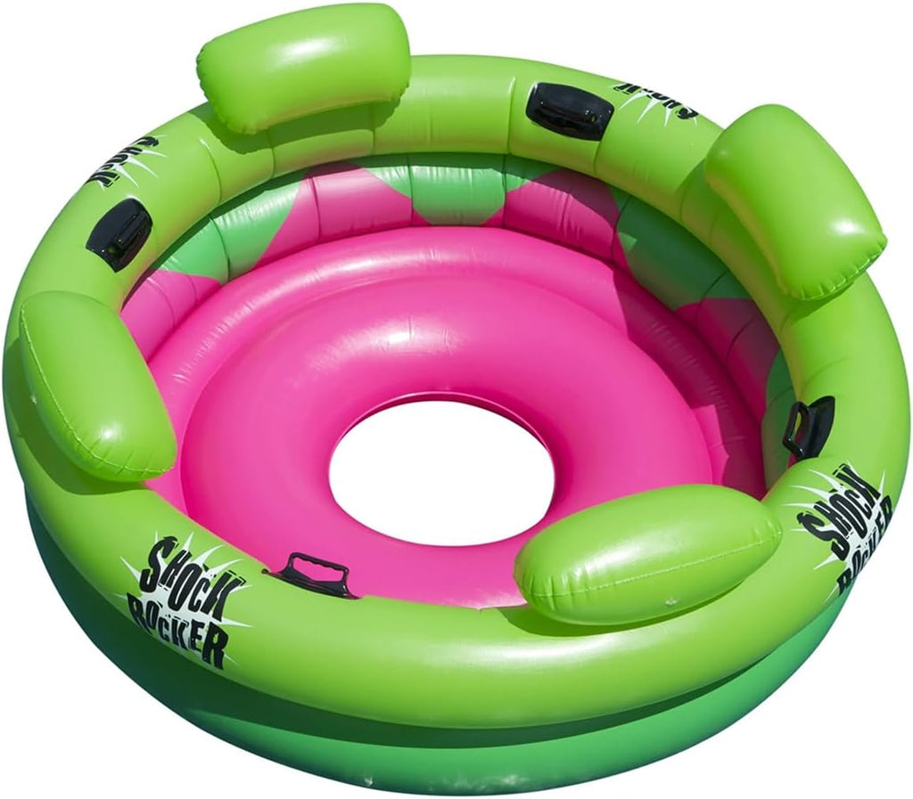 Tumbona hinchable tipo isla SWIMLINE para piscina: flotador para varias personas con respaldo y reposabrazos, grande, estilo Shock-Rocker, verde y rosa.