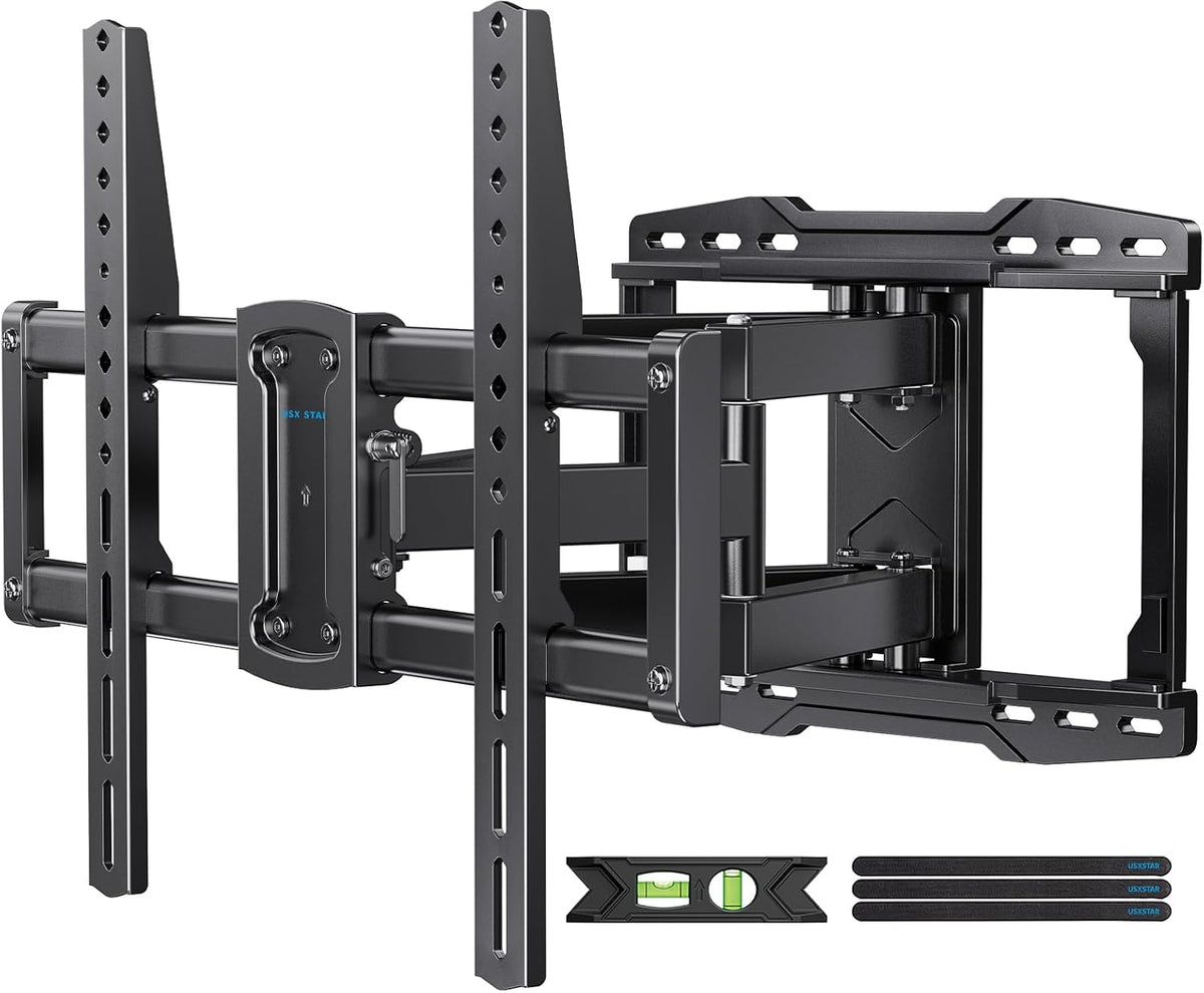 Soporte Pared TV Movimiento Total USX STAR Certificado UL 94-228cm Giro Inclinación Extensión Nivelador VESA 600x400mm Capacidad 59.9kg Tacos Madera 40.6cm Plantilla Perforación
