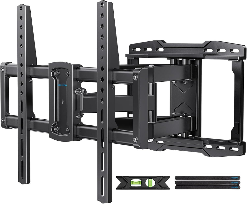 Soporte de pared para TV USX STAR con certificación UL y movimiento completo para la mayoría de televisores de 37 a 90 pulgadas. Soporte giratorio, inclinable, extensible y nivelable. VESA máximo de 600 x 400 mm. Soporta hasta 60 kg y montantes de madera