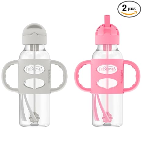 Dr. Brown's Milestones - Botella con sorbete estrecho a prueba de derrames, con asas de silicona 100% y popote con peso, 8 onzas, gris/rosa, 6 meses