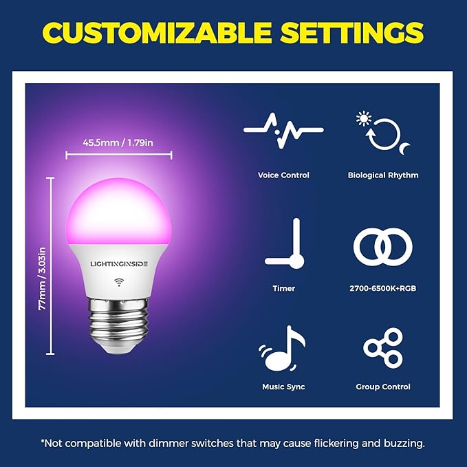 Focos LED Inteligentes Lightinginside E12 Equivalente 60W 500LM 6W RGBCW Tipo Vela para Candelabro, Compatible Alexa Google Home SmartLife, WiFi 2.4G sin Hub Certificado ETL 6 Piezas