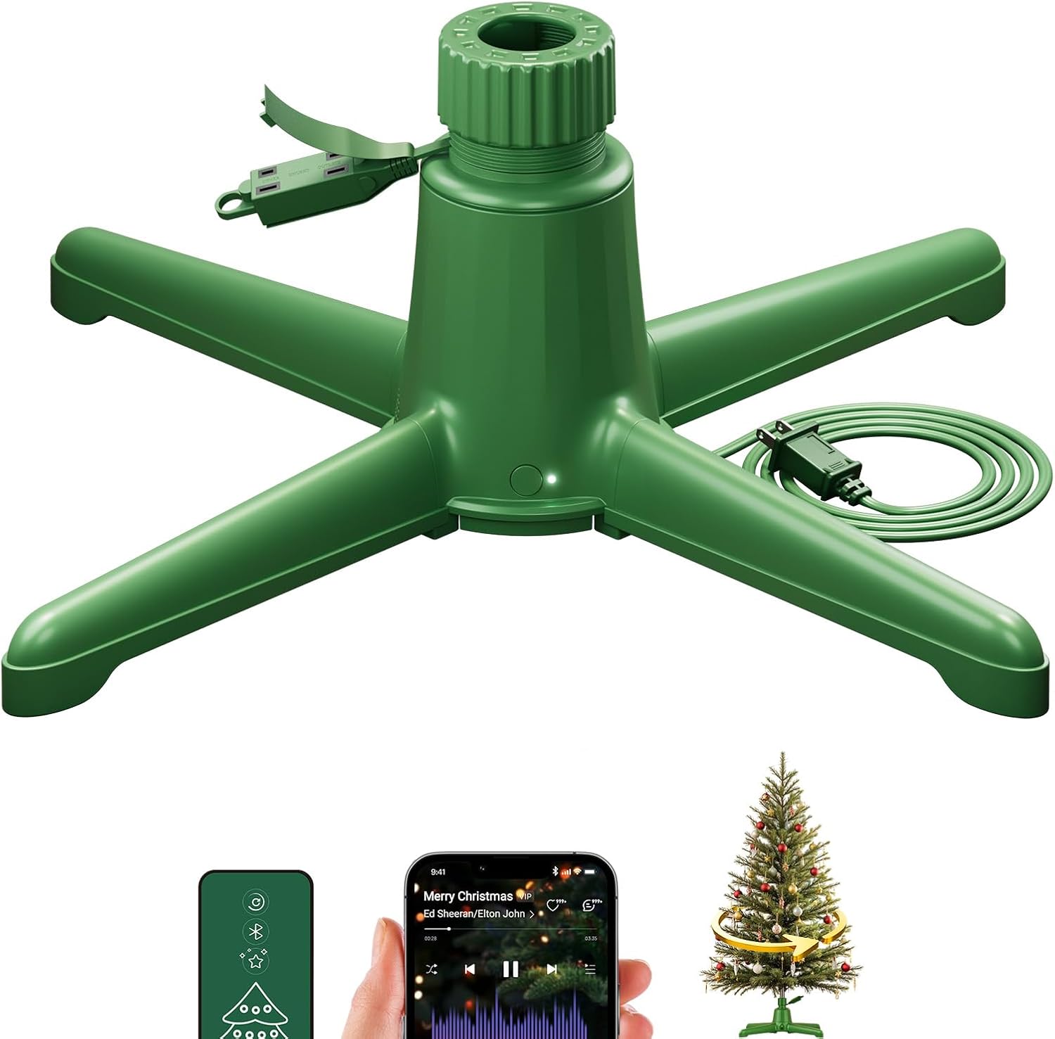 DG-Direct Musical 360Â° Rotating Christmas Tree Stand with Remote, Anti-Tilt Silent Spin Base, 3 Light Output Ports (800W), Fits 9ft 120lb Artificial Trees, Compatible with 1.25â€“2in Poles
