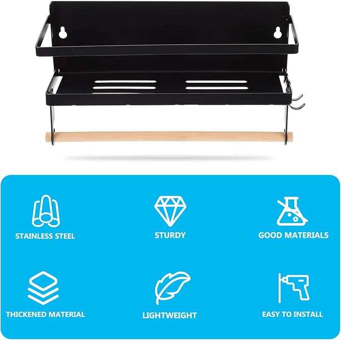 Estante magnético de pared Uonlytech para cocina y lateral del frigorífico, estante de almacenamiento de acero inoxidable negro con diseño de una sola capa y barras de madera, fácil de instalar con tornillos.