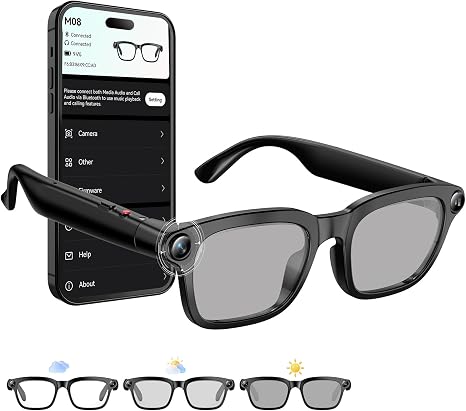 Lentes inteligentes con cámara AI de 8 MP HD, patillas de resorte que mejoran la comodidad para viajes, conferencias y vlogging. Traducción, control de voz y reconocimiento de objetos.AIMB-G2