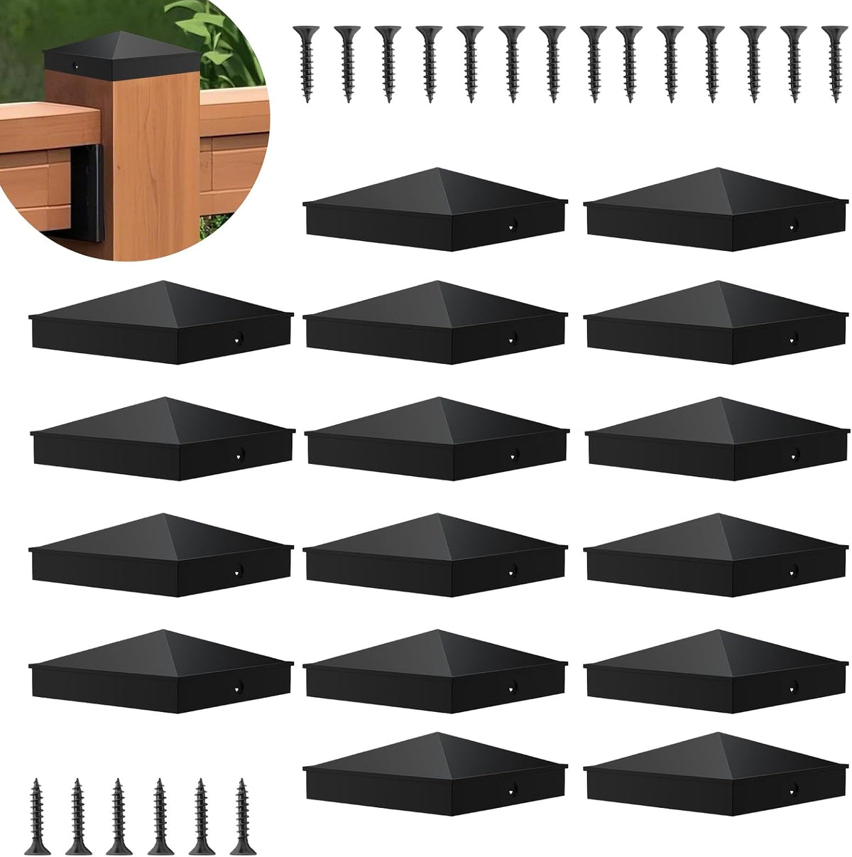 16 tapas piramidales de aluminio para postes de cerca, 4" x 4" (3,5" x 3,5"), color negro mate. Aptas para postes de madera de 4x4" (medidas nominales) para cercas, terrazas o pasillos.