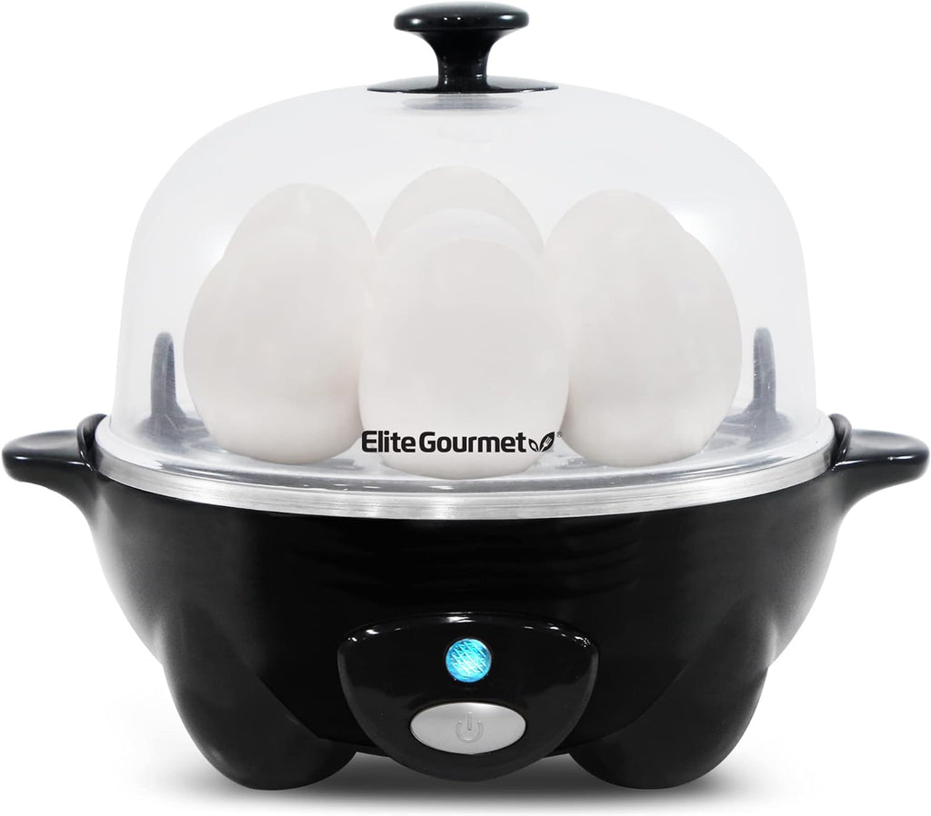 USADO-Cocedor de huevos rápido Elite Gourmet EGC-007B#, 7 huevos fáciles de pelar, duros, medianos y pasados por agua, escalfador, máquina para hacer tortillas, apagado automático, alarma, folleto de 16 recetas, negro