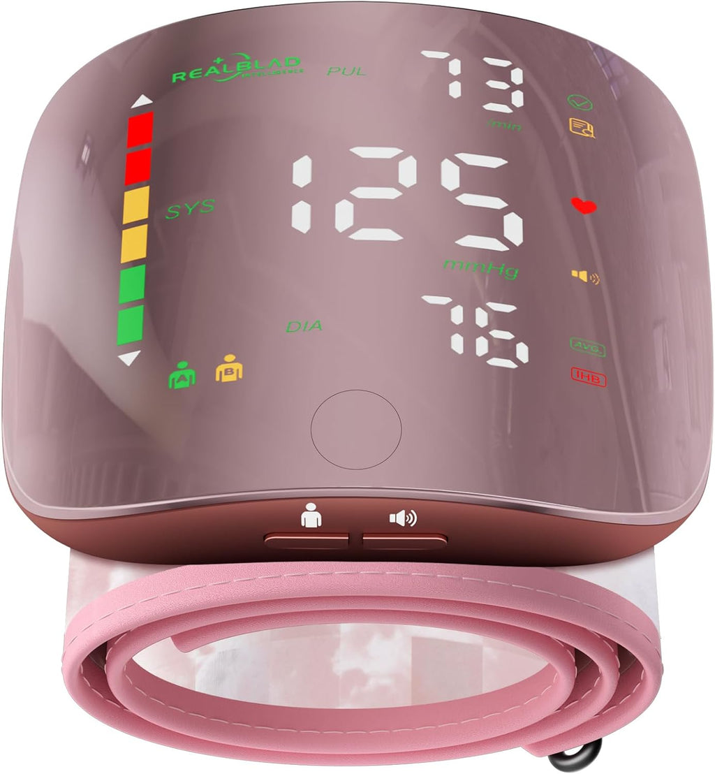 Monitor de presión arterial de muñeca para uso doméstico con pantalla curva, tensiómetro recargable, interruptor de un botón con voz y usuario, fácil de usar, brazalete de presión arterial de 5.31 a 9.25 pulgadas, con estuche de almacenamiento.