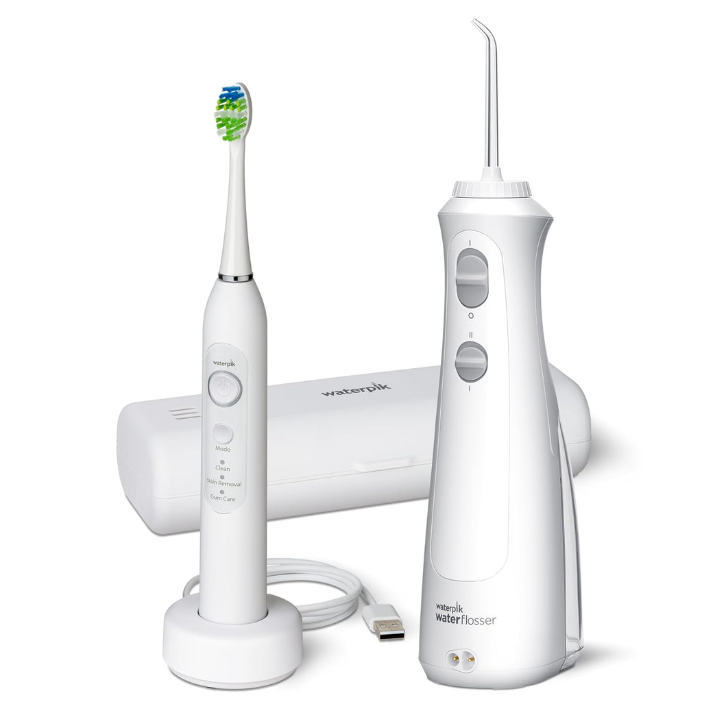 Combo Cepillo Eléctrico Waterpik Cordless Pearl Sensonic + Irrigador de Agua – Cuidado Dental Completo, Recargable, Blanco