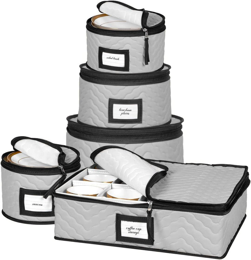 USADO Set Organizador de Vajilla 5 Piezas | Cajas Acolchadas de Microfibra para Platos, Vasos, Tazas y Platillos | con Divisores para Guardar hasta 12 Piezas | Gris